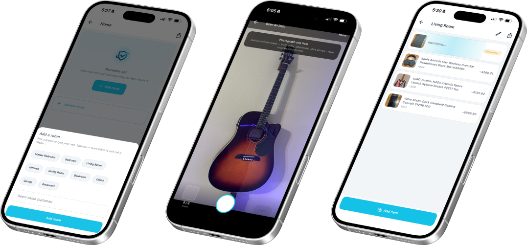 Three steps shown on iPhone: snap a photo, AI identifies it, inventory builds itself